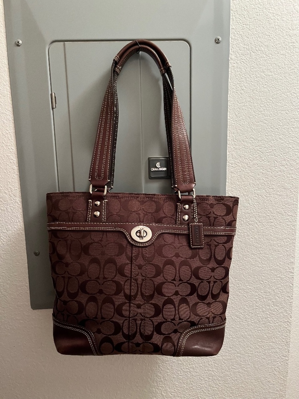 Coach F13973 Signature Canvas Tote Purse Dark Brown Leather Shoulder Bag Handbag